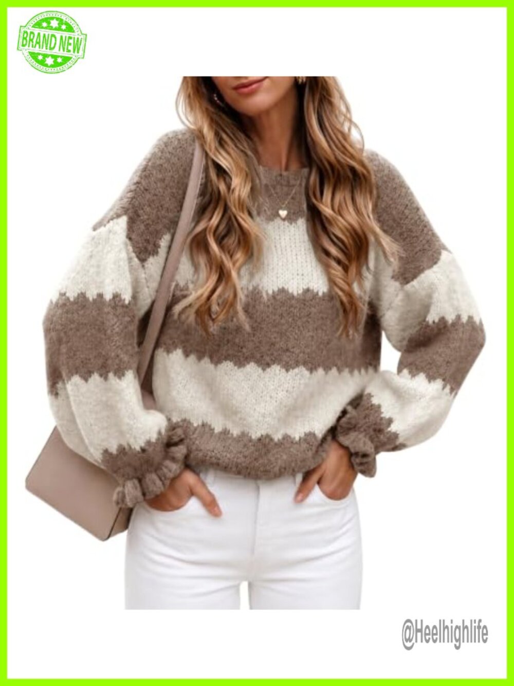 Womens Ribbed Knit Striped Sweater Ruffle Sleeve Pullover